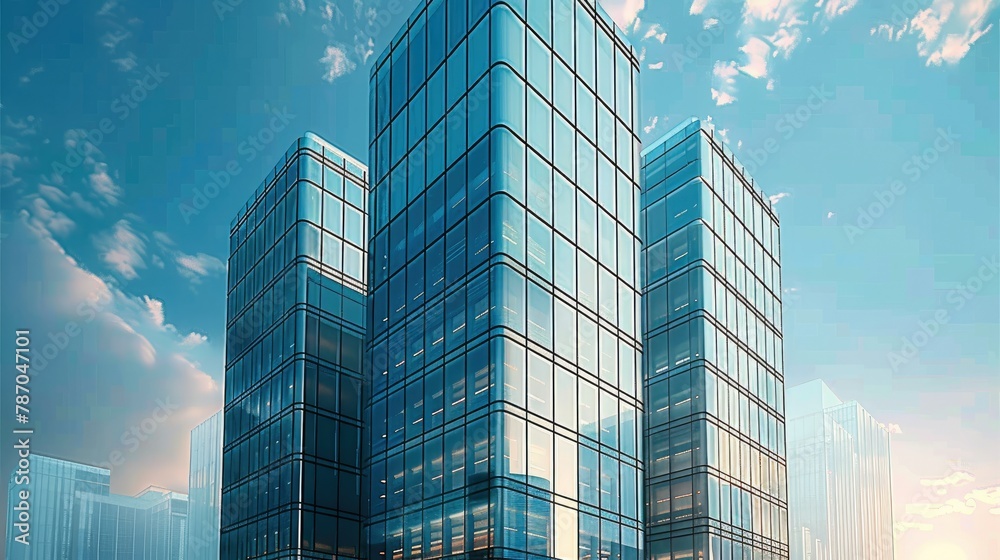 Modern office building with glass curtain wall design. Metal cladding, perspective, architectural exterior design. Generative AI.