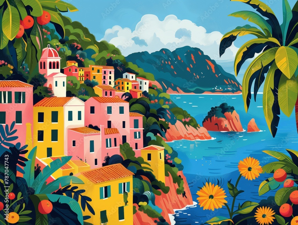 Digital illustration of Italian riviera, flat colors