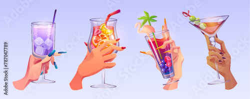 Hold cocktail in hand to drink alcohol for toast vector illustration. People in bar cheer with juice, gin tonic and prosecco celebrate friendship. Different icon with sangria for restaurant design © klyaksun