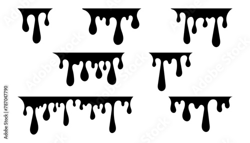 Drop melt liquid Splash of chocolate, oil, blood, water, syrup, candy sauce, caramel. Black splatter Drip paint set Ink stain.  Vector illustration isolated on white background