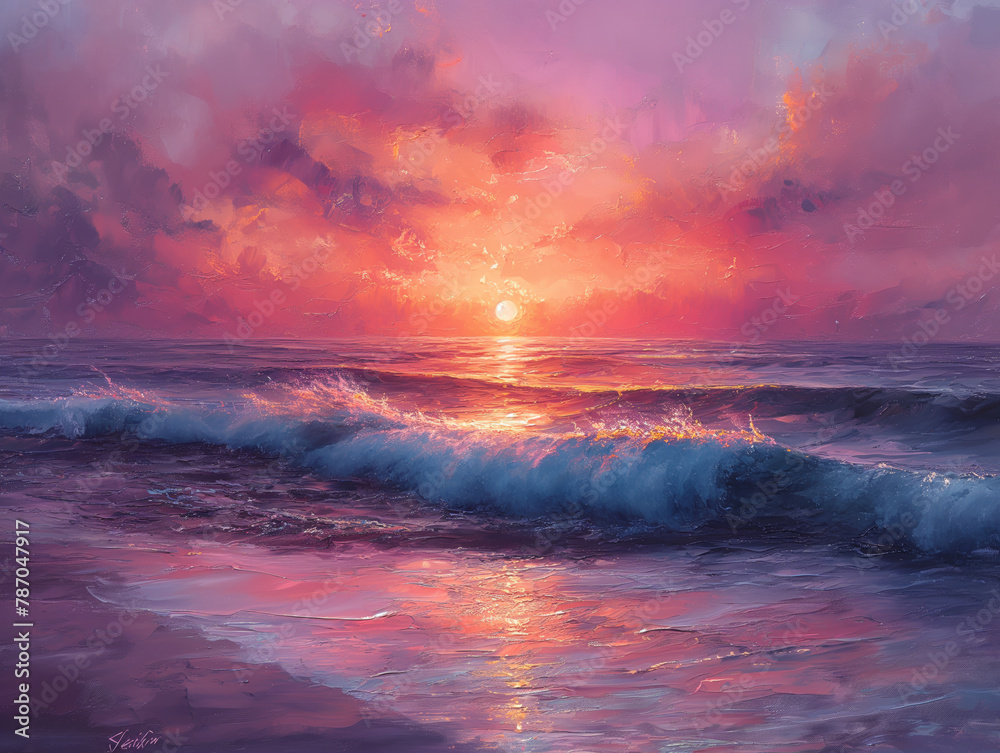 Watercolor painting sea waves at sunset, sun reflections. Watercolor painting sea waves at sunset, sun reflections.