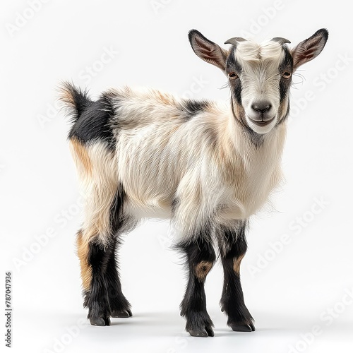 Young black and white goat isolated on white background.