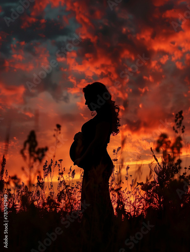 Maternity outdoor photoshoot of a beautiful pregnant woman silhouette in nature at golden hour sunset