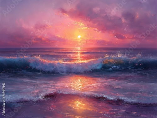 Watercolor painting sea waves at sunset, sun reflections.