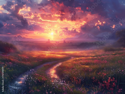 Dark fantasy medieval artwork, grassland plains farmlands, very late evening, magical sunset