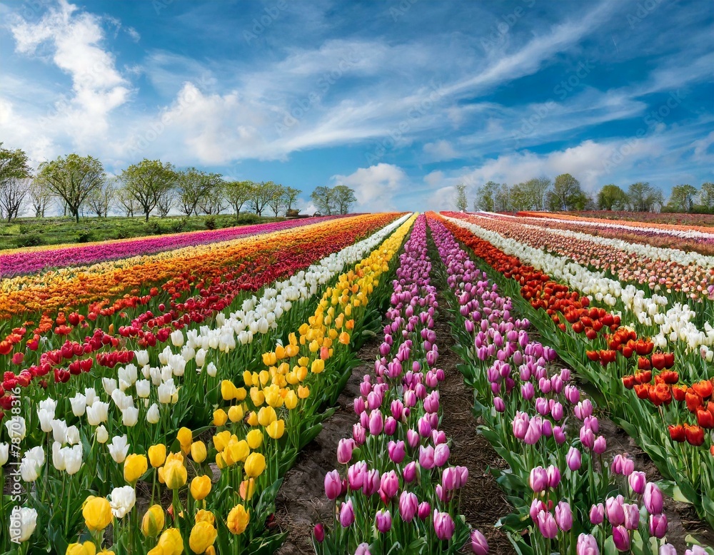 A field of colorful tulips on a sunny day