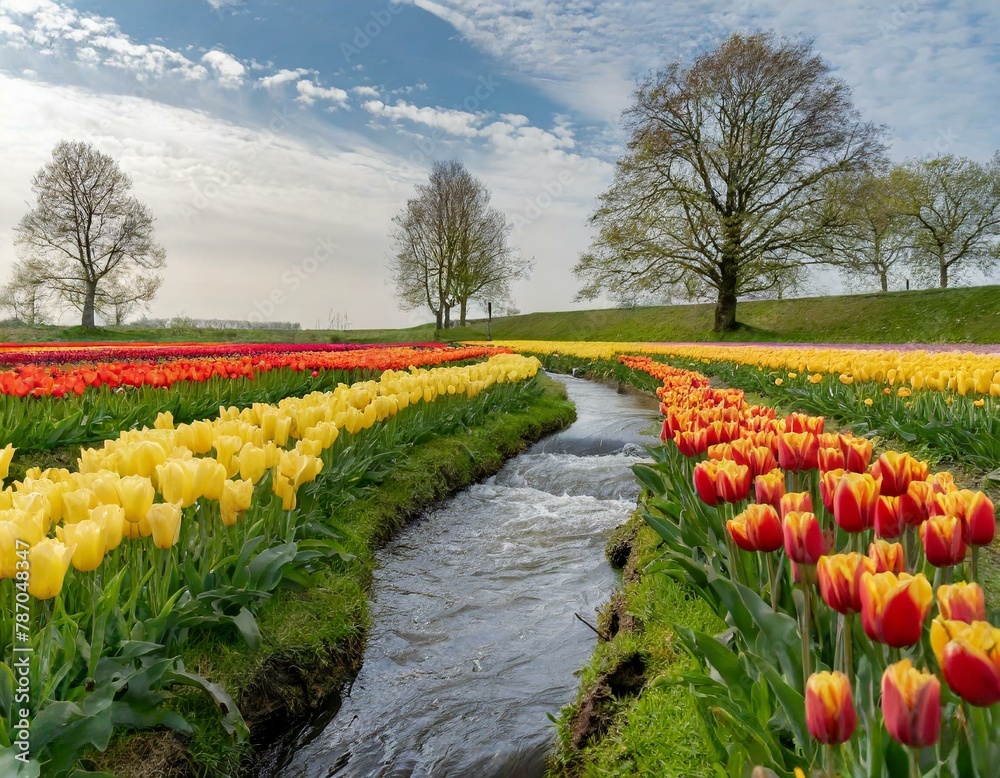 Fototapeta premium A field of colorful tulips on the river