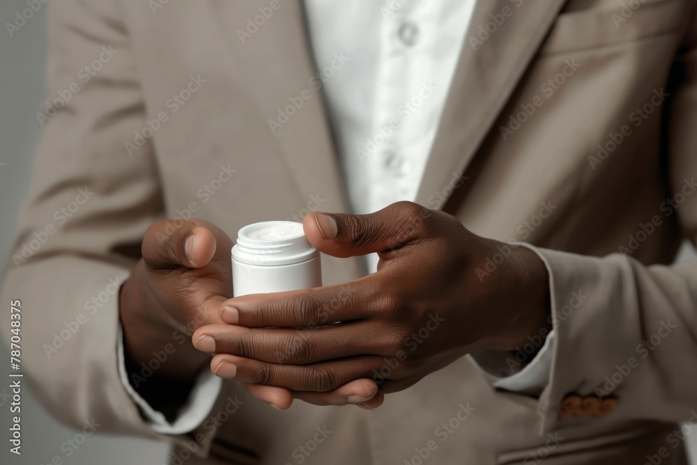 Close-up of a man's hands moisturizing with shea butter hand cream, personal care routine Close-up of a man's hands moisturizing with shea butter hand cream, personal care routine