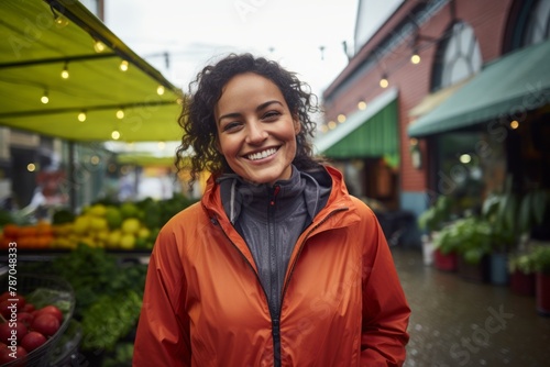 Portrait of a grinning woman in her 30s wearing a functional windbreaker over vibrant farmers market