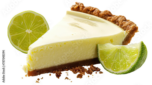 A slice of lemon meringue pie with a lime wedge on the side