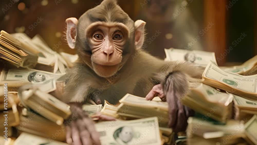 Baby Monkey Surrounded by Stacks of Money with Ai generated.
 
