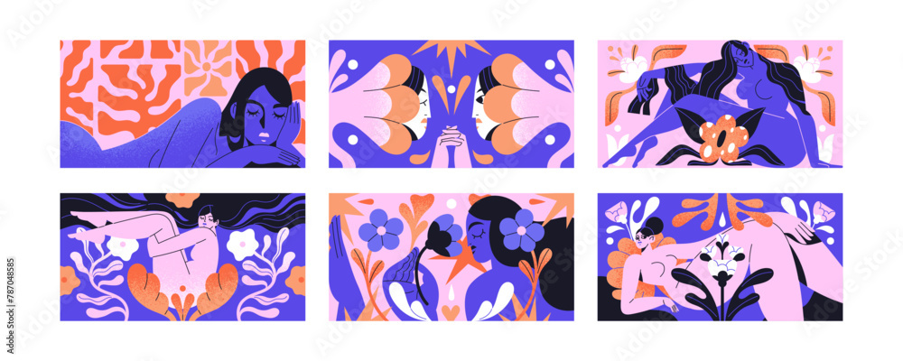 Matisse art set. Contemporary artworks with naked woman, abstract flowers, leaves, floral shapes. Colorful plants and female silhouettes on banner, horizontal postcards. Flat vector illustrations