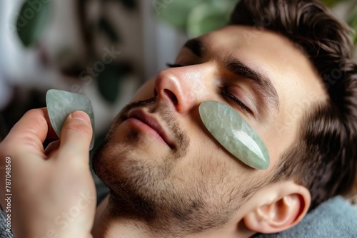 Close-up of a relaxed man using a jade gua sha tool for a soothing facial massage