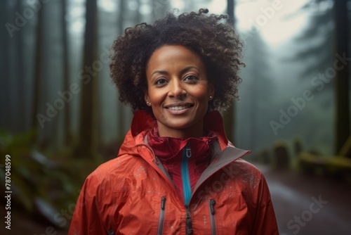 Portrait of a joyful afro-american woman in her 40s wearing a functional windbreaker isolated on backdrop of a mystical forest
