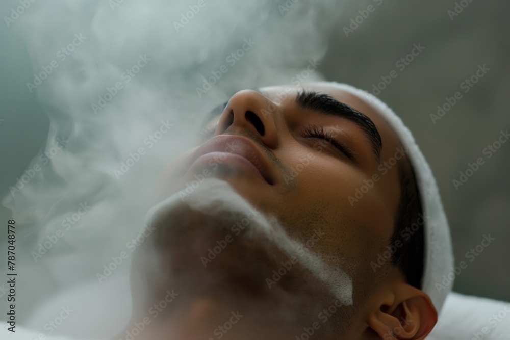 Close-up of a serene man getting a facial steam treatment to cleanse and open pores at a spa