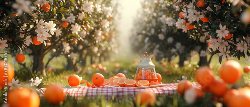 Picnic at blooming oranges or tangerine garden. Cute tablecloth on the grass. Outdoors rest. Vacation on the nature. Generative ai © Inai