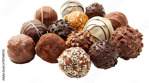 A bunch of chocolate candies with different shapes and sizes on transparent background