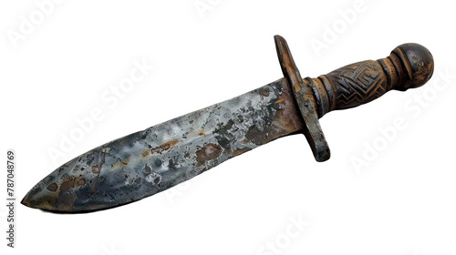A rusty old knife with a wooden handle on transparent background