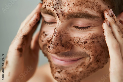 Close-up of a smiling man as he exfoliates his skin with a natural coffee scrub photo