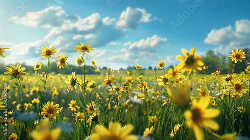 Witness the splendor of nature as a picturesque meadow unfolds, featuring a sea of yellow flowers against the backdrop of a serene blue sky. This realistic scene, captured by an HD camera