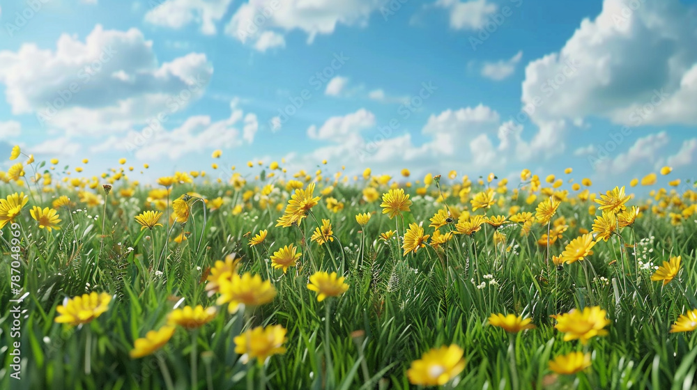 Witness the splendor of nature as a picturesque meadow unfolds, featuring a sea of yellow flowers against the backdrop of a serene blue sky. Witness the splendor of nature as a picturesque meadow unfolds, featuring a sea of yellow flowers against the backdrop of a serene blue sky.
