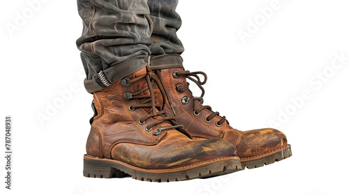 A pair of brown boots with a brown laces, White background or transparent background