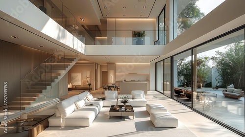 Living room layout  double-height space  glass railing  double-height minimalist glass doors and windows. Generative AI.