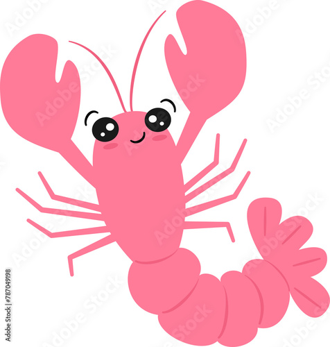Cute hand drawn cartoon character pink lobster funny PNG illustration isolated on transparent background