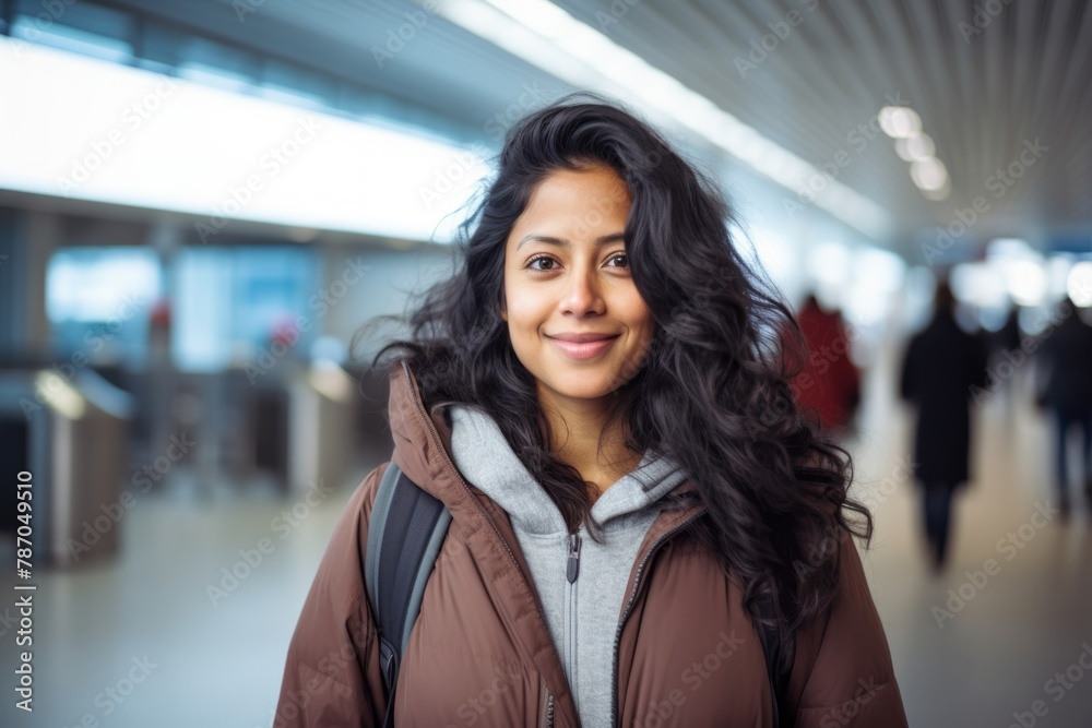 Portrait of a blissful indian woman in her 40s wearing a zip-up fleece hoodie isolated in bustling airport terminal