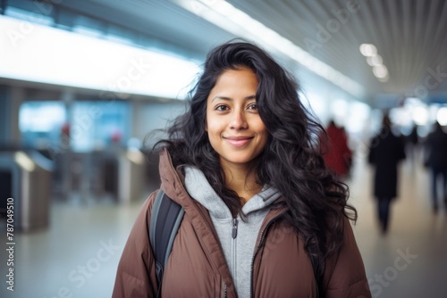Portrait of a blissful indian woman in her 40s wearing a zip-up fleece hoodie isolated in bustling airport terminal Free Download Portrait of a blissful indian woman in her 40s wearing a zip-up fleece hoodie isolated in bustling airport terminal - GFXLoad