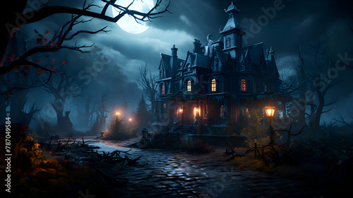 Halloween scene with haunted house and full moon. 3d rendering