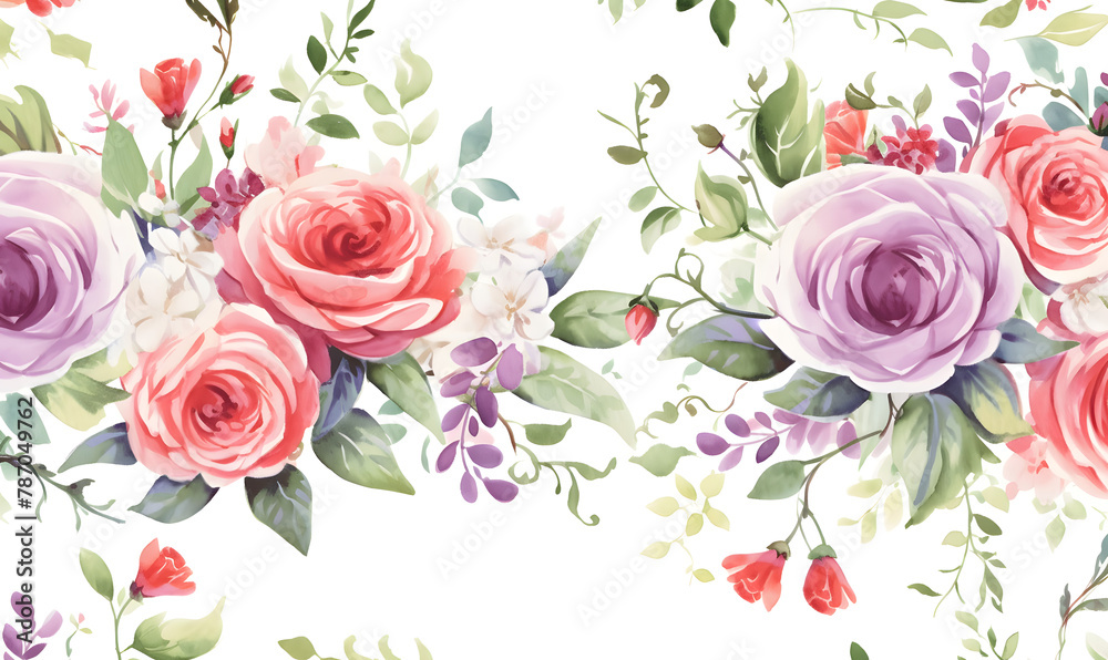 Pattern of purple and red roses, green leaves, watercolor, Generative AI