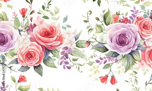 Pattern of purple and red roses  green leaves  watercolor  Generative AI