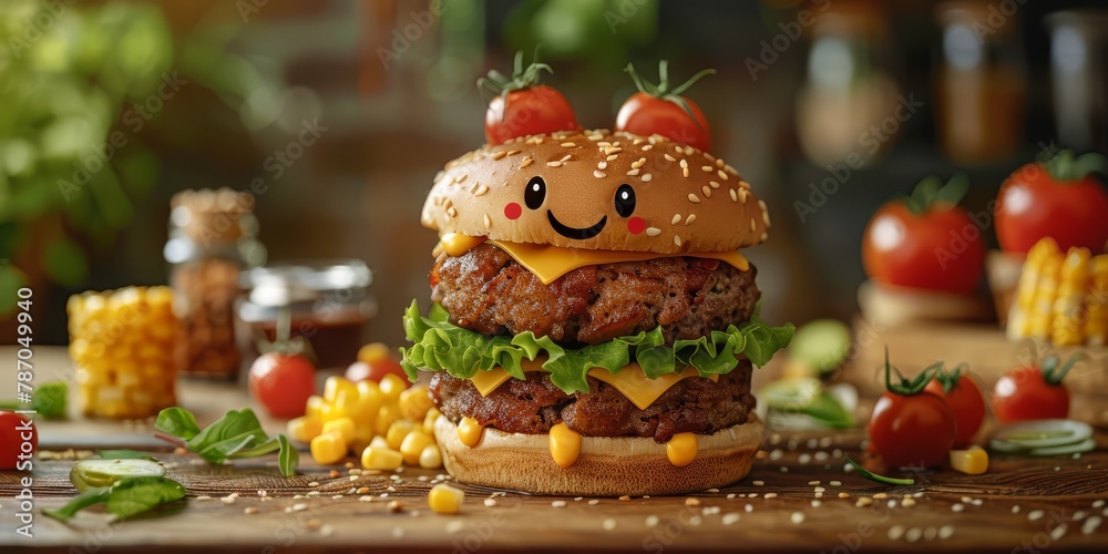 Cute deconstructed burger with ingredients as smiling cartoon characters stacked together Cute deconstructed burger with ingredients as smiling cartoon characters stacked together