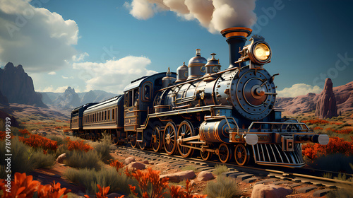 Vintage steam train in the desert. 3D render illustration.