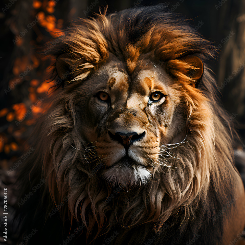 Naklejka premium Portrait of a male lion in the wild. Wildlife scene