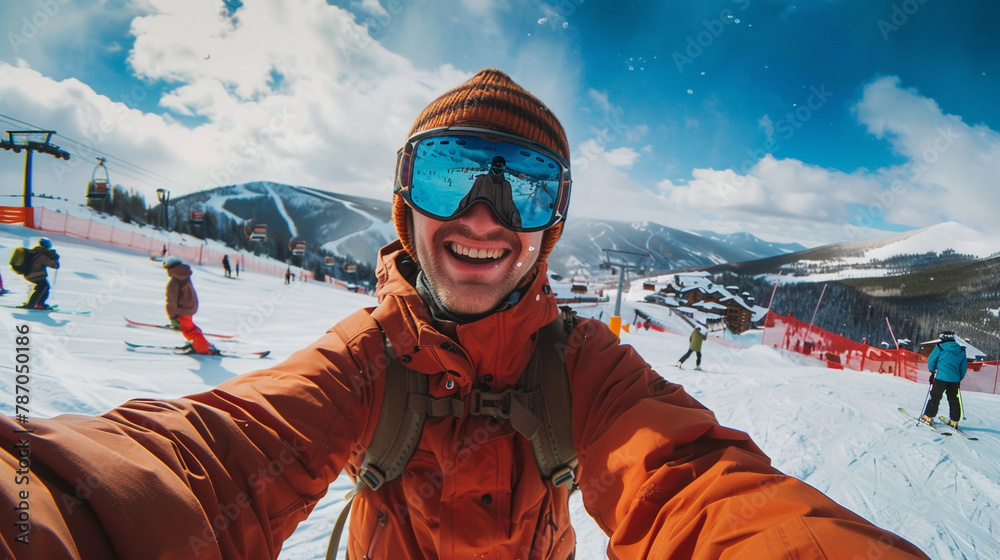 a lively scene as a man captures a selfie while having a blast with winter sports at a ski resort.