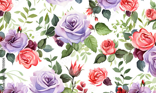 Pattern of purple and red roses, green leaves, watercolor, Generative AI