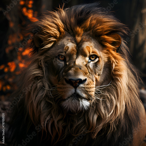 Portrait of a male lion in the wild. Wildlife scene