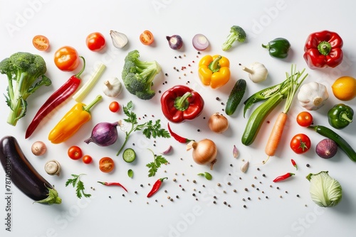 Obraz na płótnie A colorful assortment of freshly picked vegetables cascading onto a clean white surface. w salonie