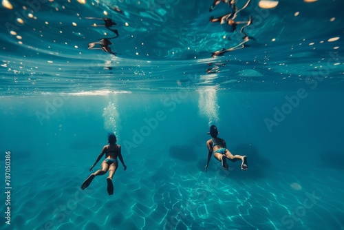 Happy people enjoying summer vacation, swimming in the crystal-clear blue sea photo