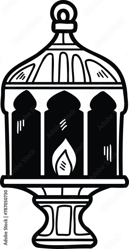 A black and white drawing of a lantern with a flame inside A black and white drawing of a lantern with a flame inside