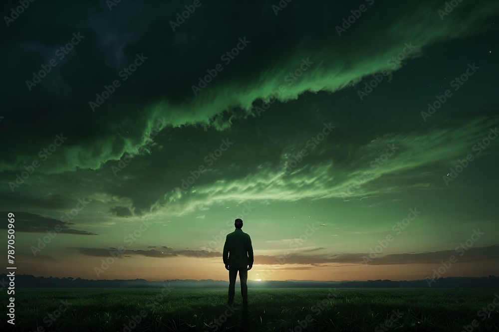AI generated illustration of a person standing in grass observing the green sky