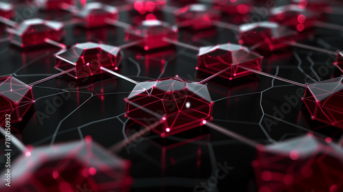 Soft-glow ruby hexagons on black, intricate tech network design.