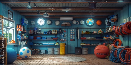 Whimsical sports equipment shop with cartoon balls playing catch and hula hoops spinning photo