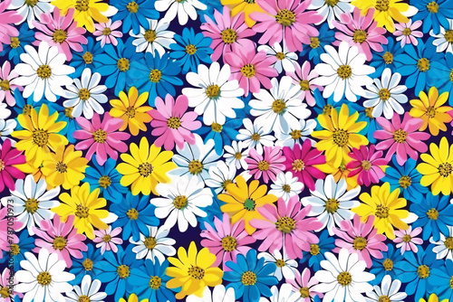 Colorful daisies pattern on blue background