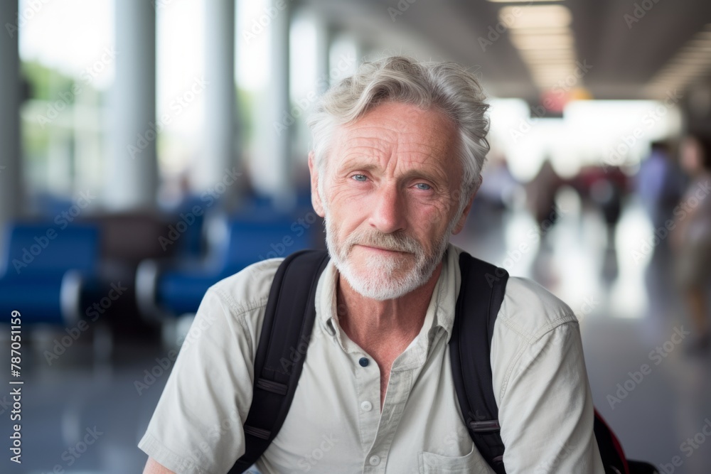 Naklejka premium Portrait of a tender man in his 60s dressed in a casual t-shirt isolated on bustling airport terminal