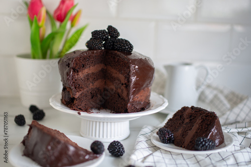 Chocolate fudge cake. Decorate with curl of dark chocolate