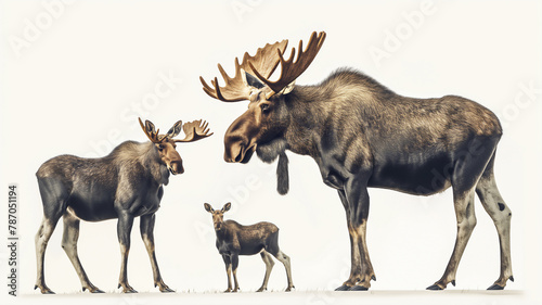 A family of moose with large antlers on a white background  including an adult and two younger ones.