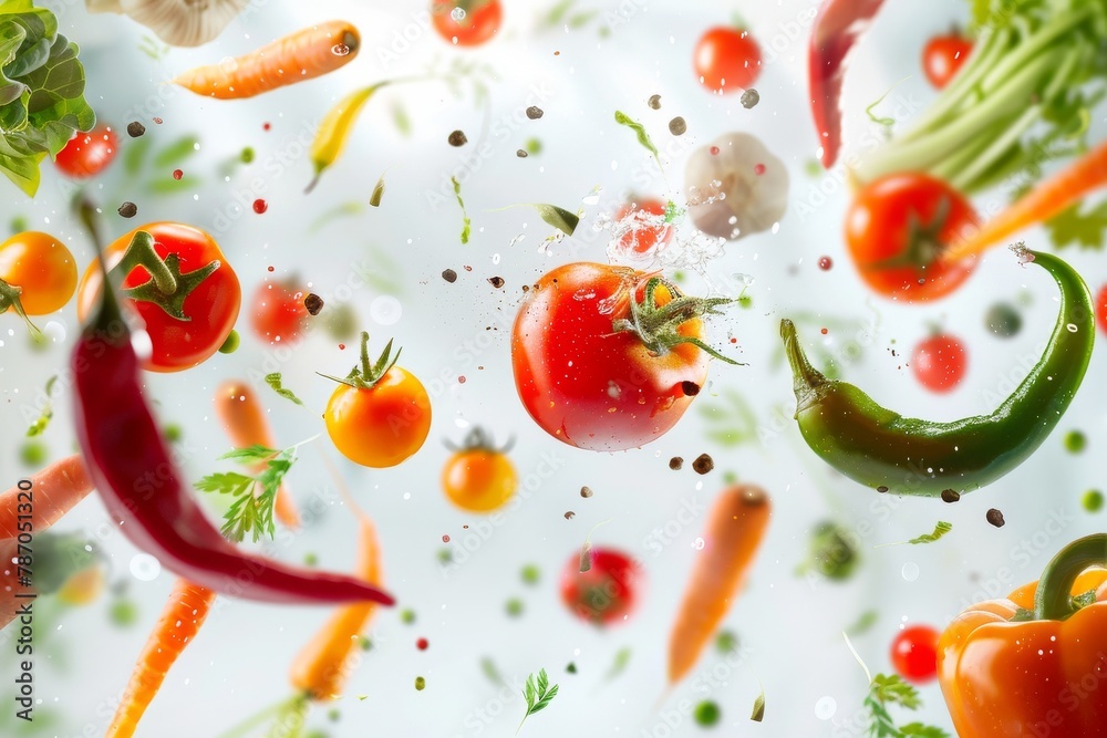 An assortment of fresh tomatoes, carrots, and peppers falling onto a white surface. An assortment of fresh tomatoes, carrots, and peppers falling onto a white surface.